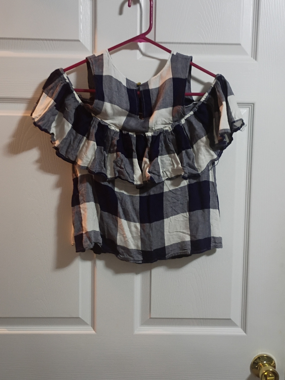 Copper Key Navy and White Gingham Off-Shoulder Ruffle Top